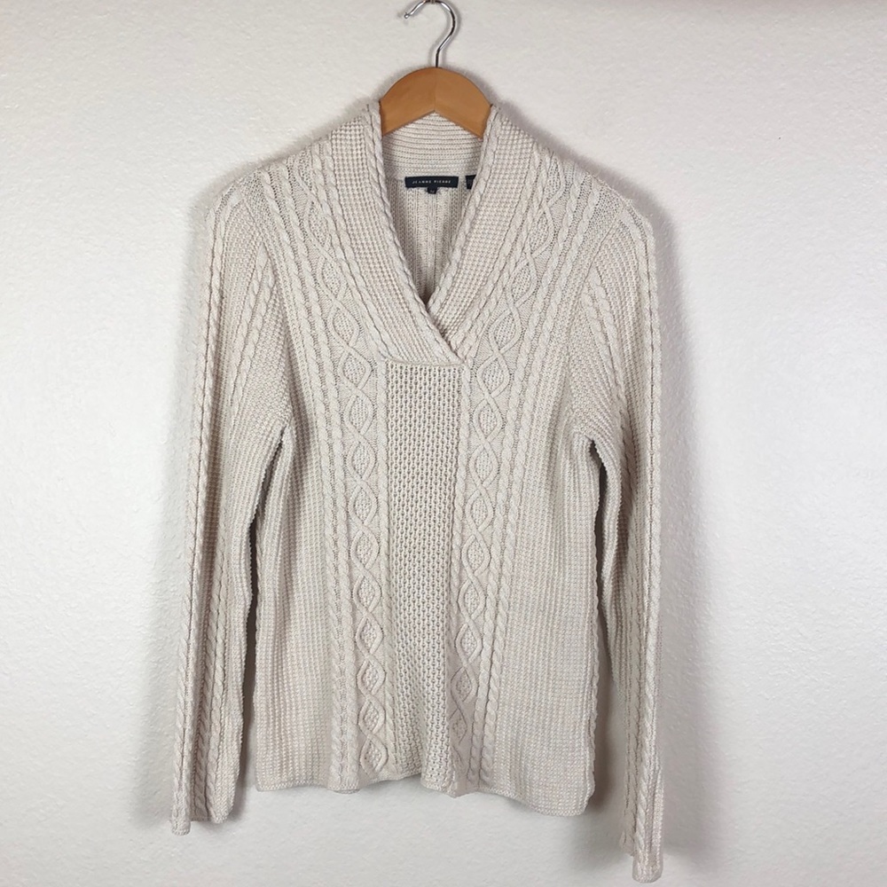 Jeanne Pierre Cable Knit V Neck Sweater Sz M